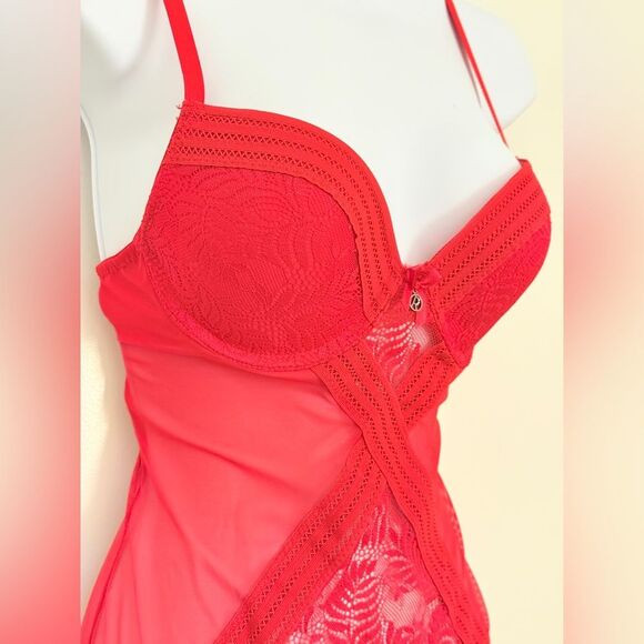 NWT Rachel Roy Red Lace Trim Floral Mesh Letter R 3 Crystal Charm Bow Bodysuit L - Picture 11 of 12